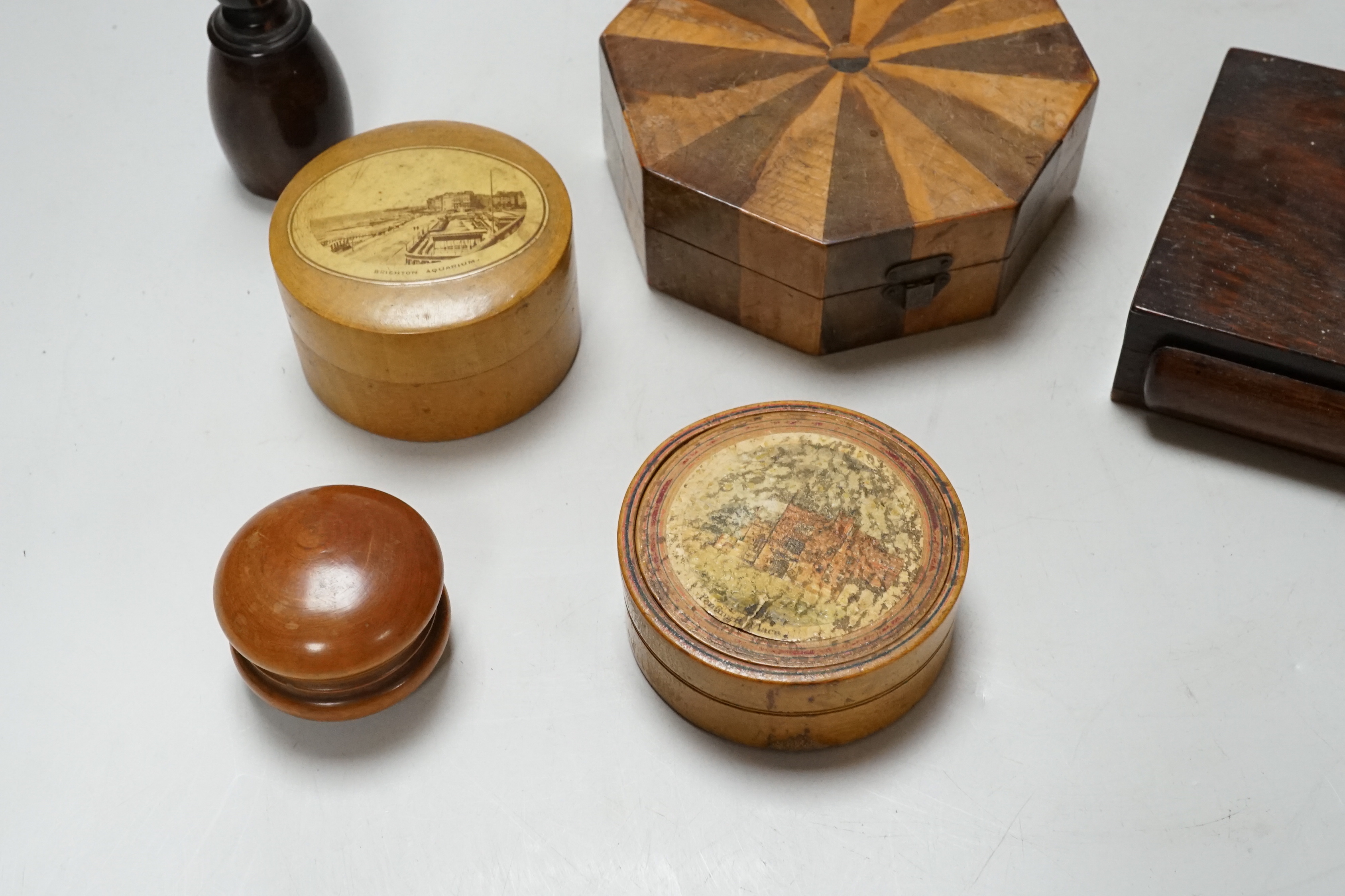 A Victorian sealing wax desk set, 16 cm wide early Tunbridge ware Penshurst Place drum shaped box, c.1810, and other treen